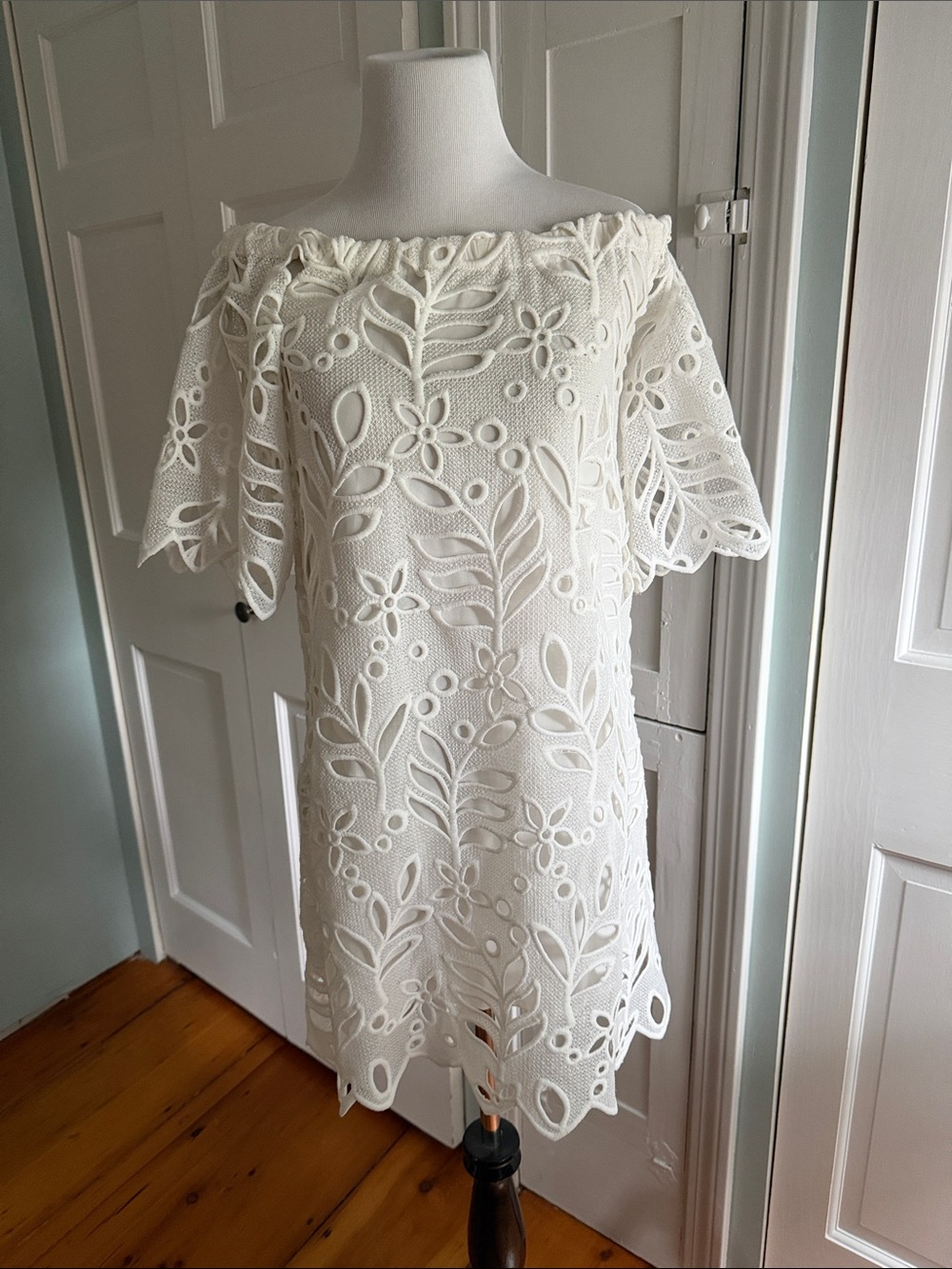 Yoana Baraschi White Off-Shoulder Floral Cutout Midi Dress